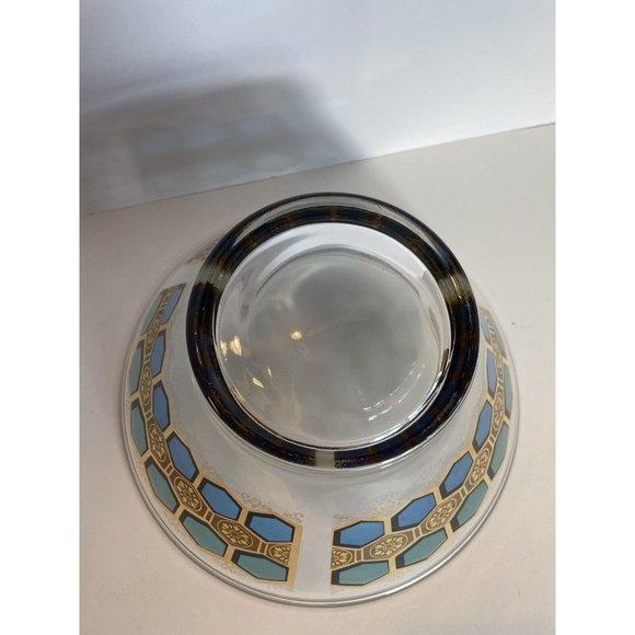 MCM Glass Salad Bowl With Wood & Metal Stand Aqua Blue & Gold Trim - Picture 9 of 12